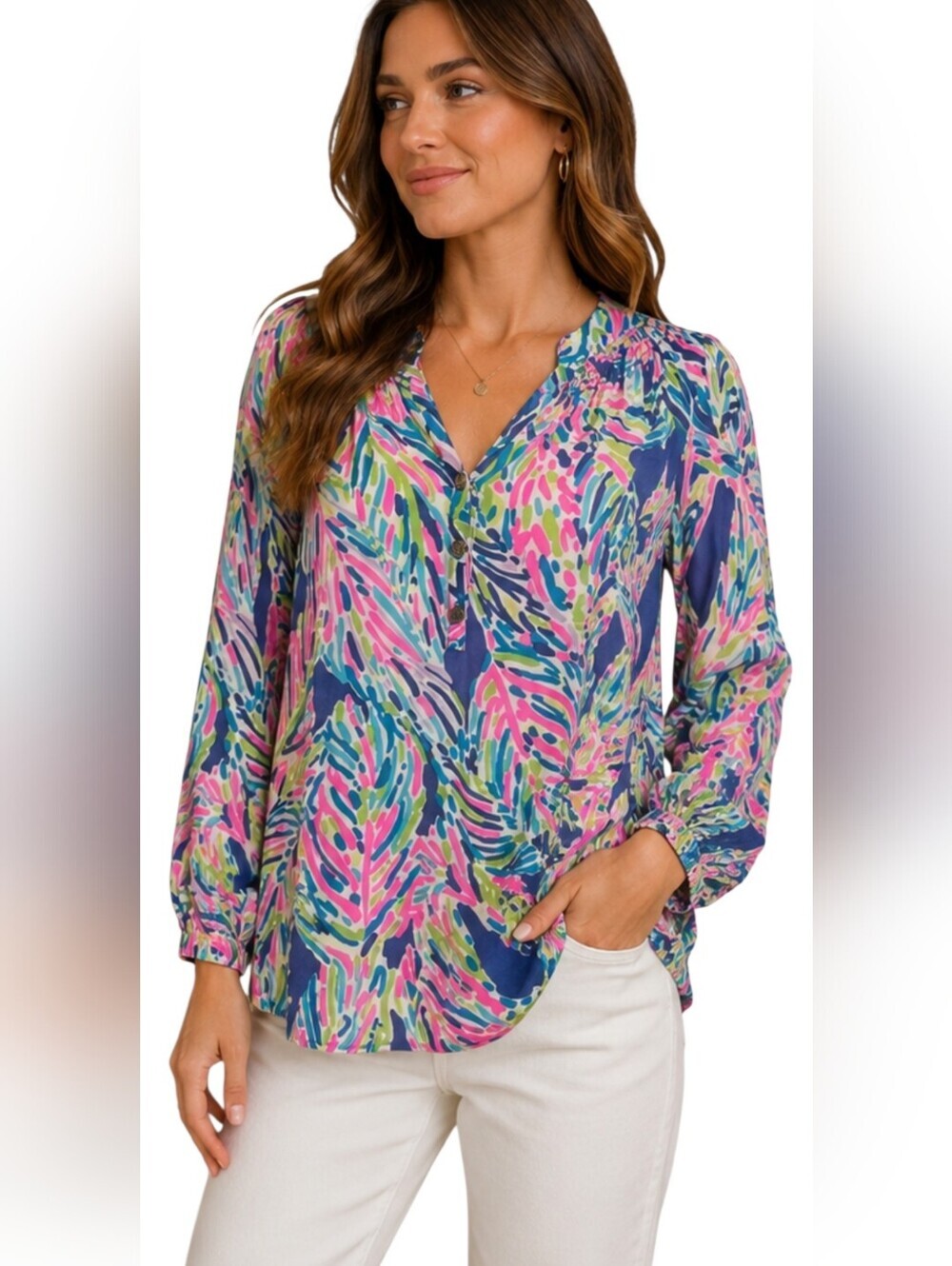 LILLY PULITZER Elsa Silk Top In Indigo Palm Reader Color. Size Small